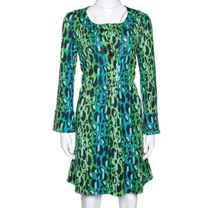 DVF Gaby Silk Jersey Dress Electric Green Blue Leopard Print Long Sleeve, Size 6